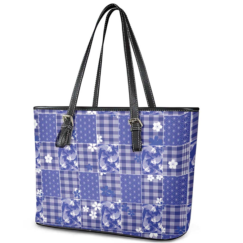 Blue Palaka Japanese Patterns Leather Tote Bag Koi Fish Asanoha Sakura Patchwork Stylized - Polynesian Pride