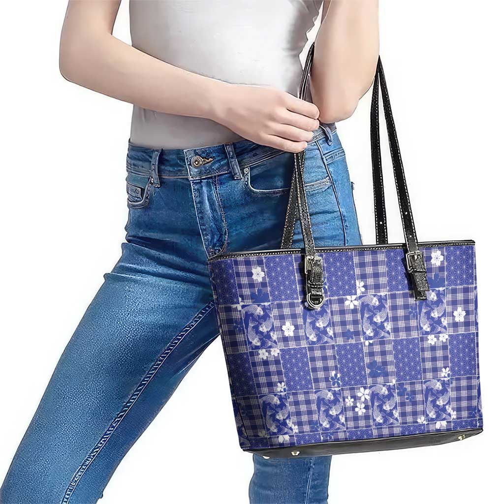Blue Palaka Japanese Patterns Leather Tote Bag Koi Fish Asanoha Sakura Patchwork Stylized - Polynesian Pride
