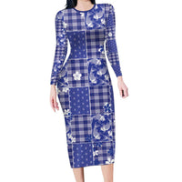 Blue Palaka Japanese Patterns Long Sleeve Bodycon Dress Koi Fish Asanoha Sakura Patchwork Stylized - Polynesian Pride