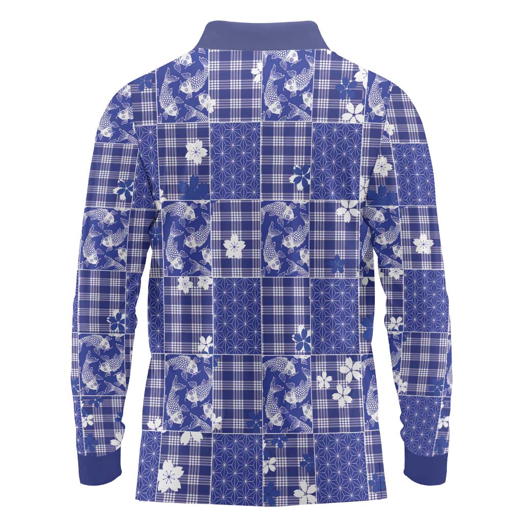 Blue Palaka Japanese Patterns Long Sleeve Polo Shirt Koi Fish Asanoha Sakura Patchwork Stylized - Polynesian Pride