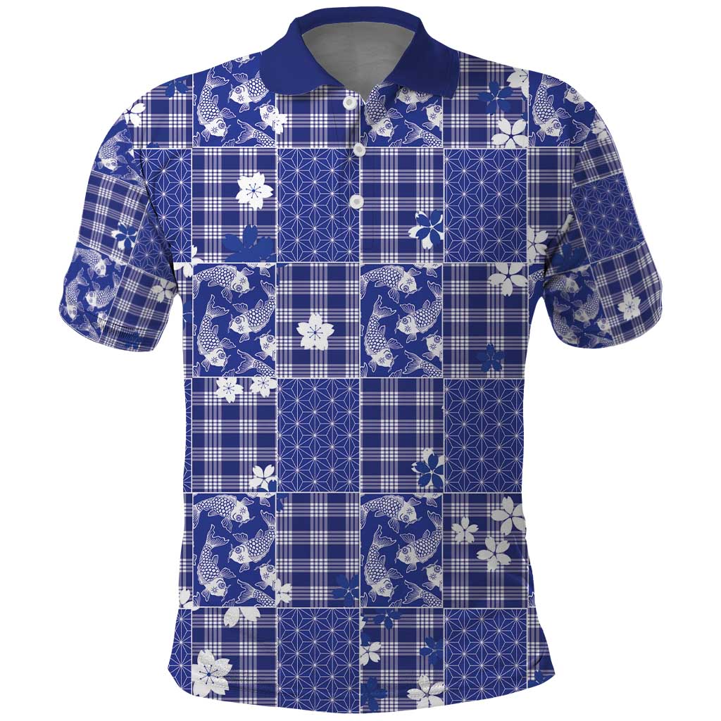 Blue Palaka Japanese Patterns Polo Shirt Koi Fish Asanoha Sakura Patchwork Stylized - Polynesian Pride