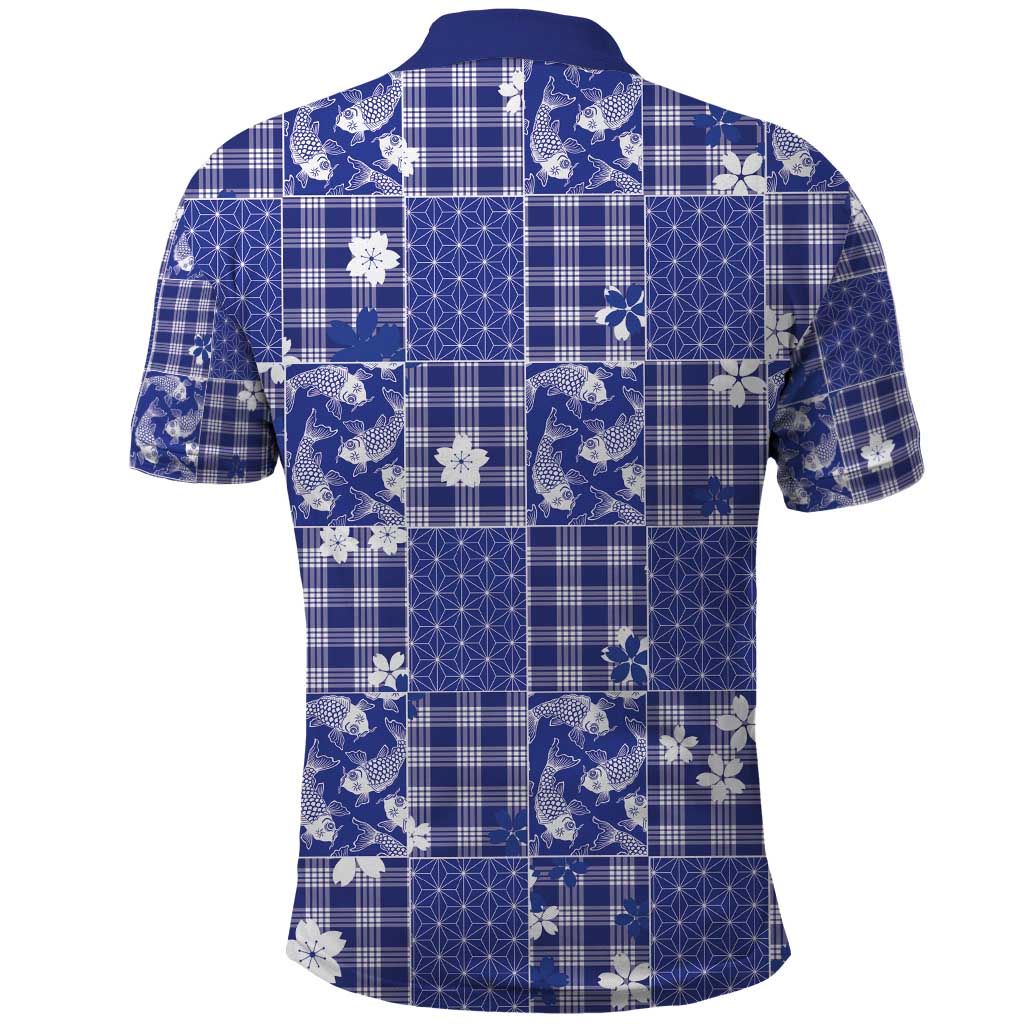 Blue Palaka Japanese Patterns Polo Shirt Koi Fish Asanoha Sakura Patchwork Stylized - Polynesian Pride