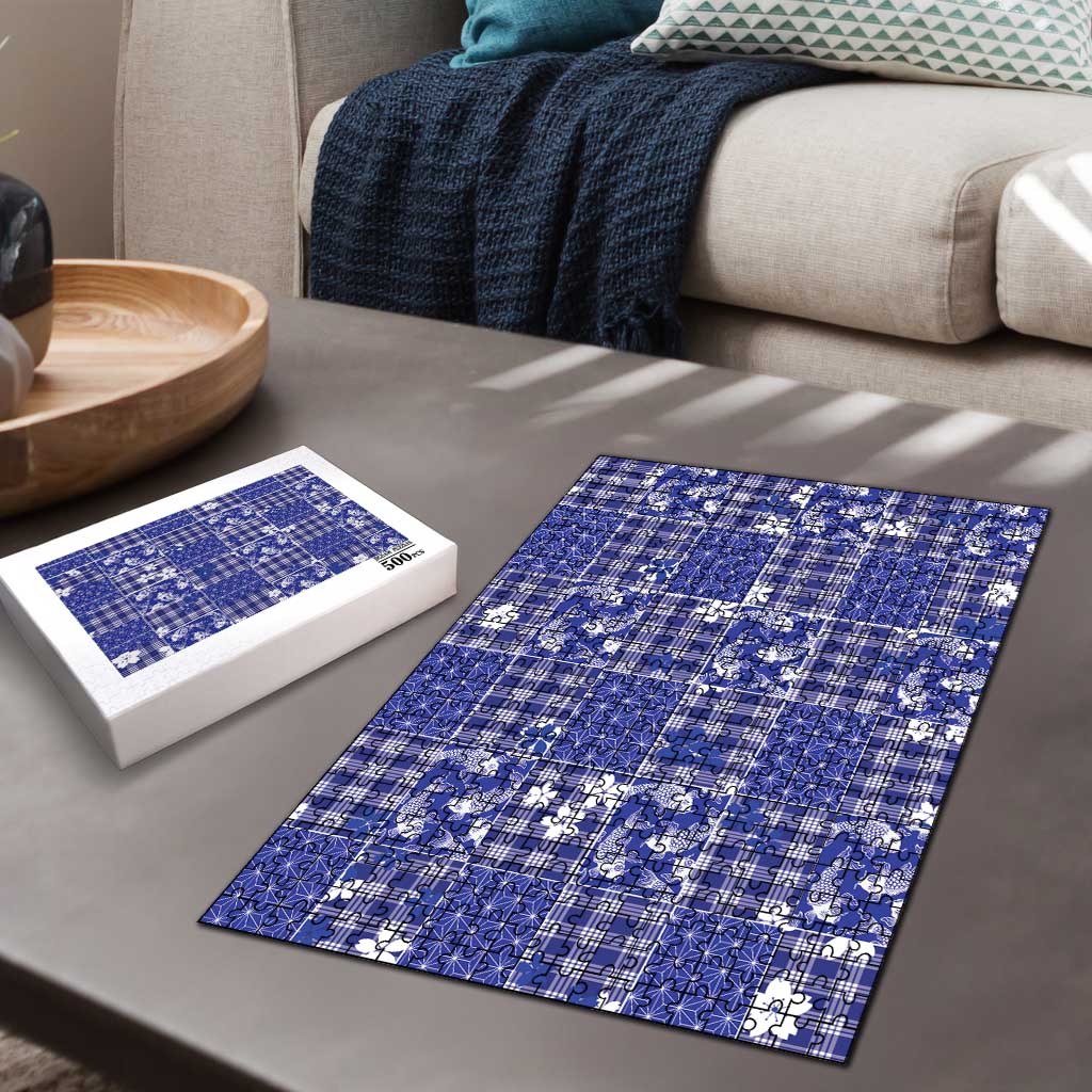 Blue Palaka Japanese Patterns Puzzle Koi Fish Asanoha Sakura Patchwork Stylized - Polynesian Pride