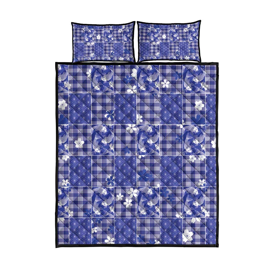 Blue Palaka Japanese Patterns Quilt Bed Set Koi Fish Asanoha Sakura Patchwork Stylized - Polynesian Pride