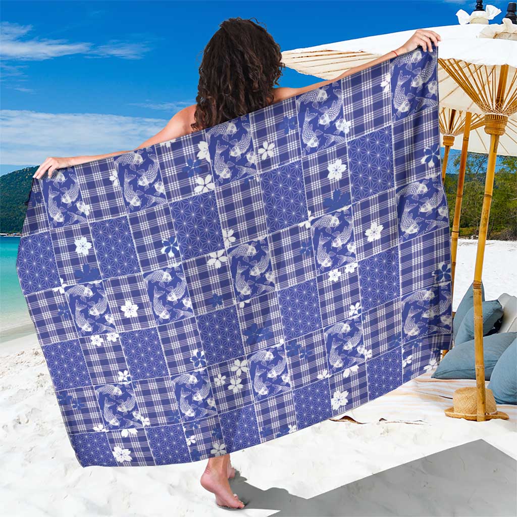 Blue Palaka Japanese Patterns Sarong Koi Fish Asanoha Sakura Patchwork Stylized - Polynesian Pride