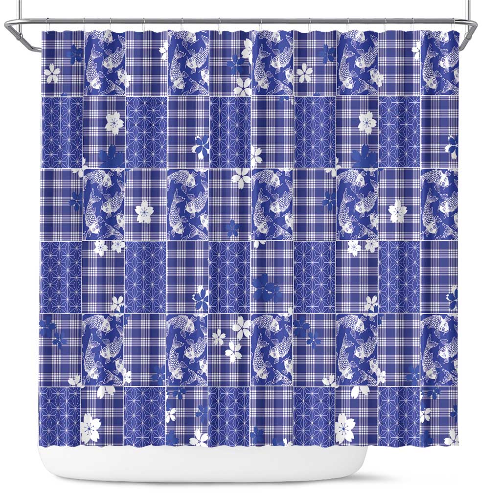 Blue Palaka Japanese Patterns Shower Curtain Koi Fish Asanoha Sakura Patchwork Stylized - Polynesian Pride