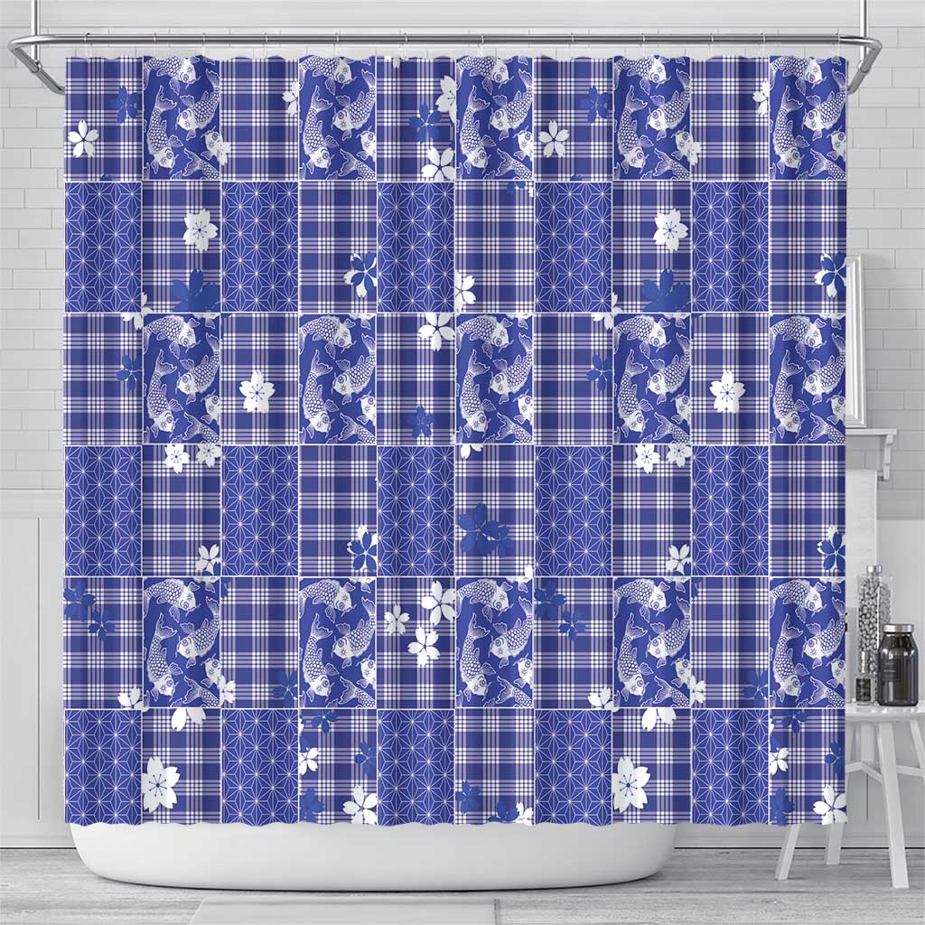 Blue Palaka Japanese Patterns Shower Curtain Koi Fish Asanoha Sakura Patchwork Stylized - Polynesian Pride
