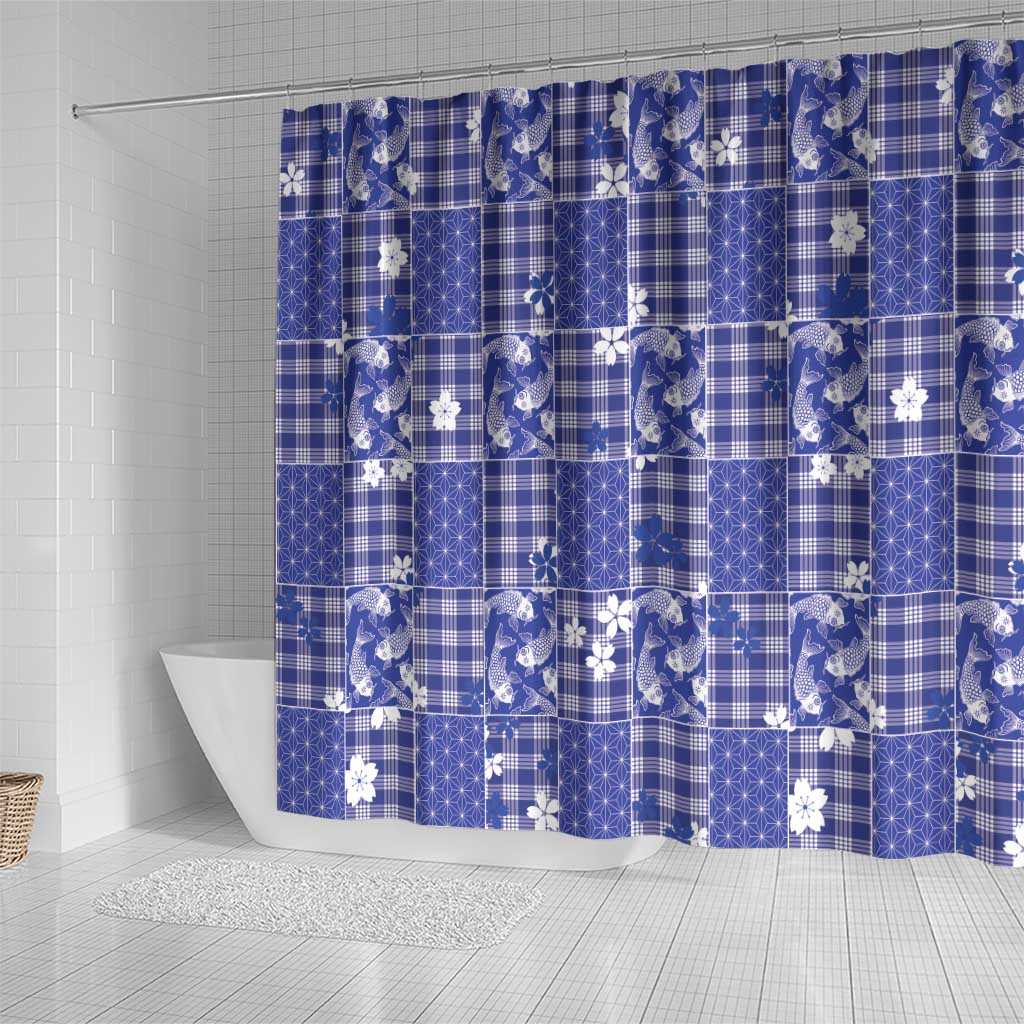 Blue Palaka Japanese Patterns Shower Curtain Koi Fish Asanoha Sakura Patchwork Stylized - Polynesian Pride