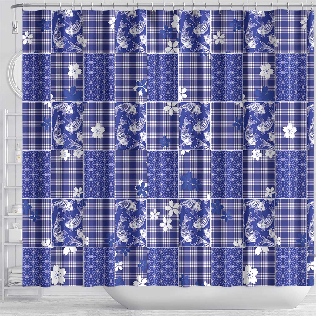 Blue Palaka Japanese Patterns Shower Curtain Koi Fish Asanoha Sakura Patchwork Stylized - Polynesian Pride