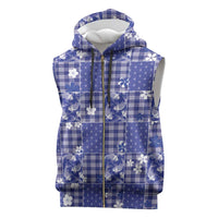 Blue Palaka Japanese Patterns Sleeveless Zip Hoodie Koi Fish Asanoha Sakura Patchwork Stylized - Polynesian Pride