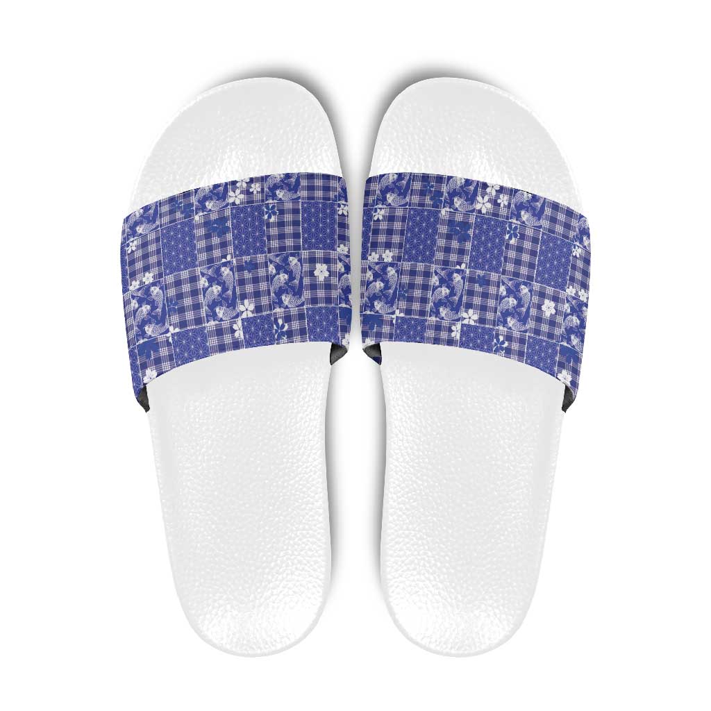 Blue Palaka Japanese Patterns Slide Sandals Koi Fish Asanoha Sakura Patchwork Stylized - Polynesian Pride