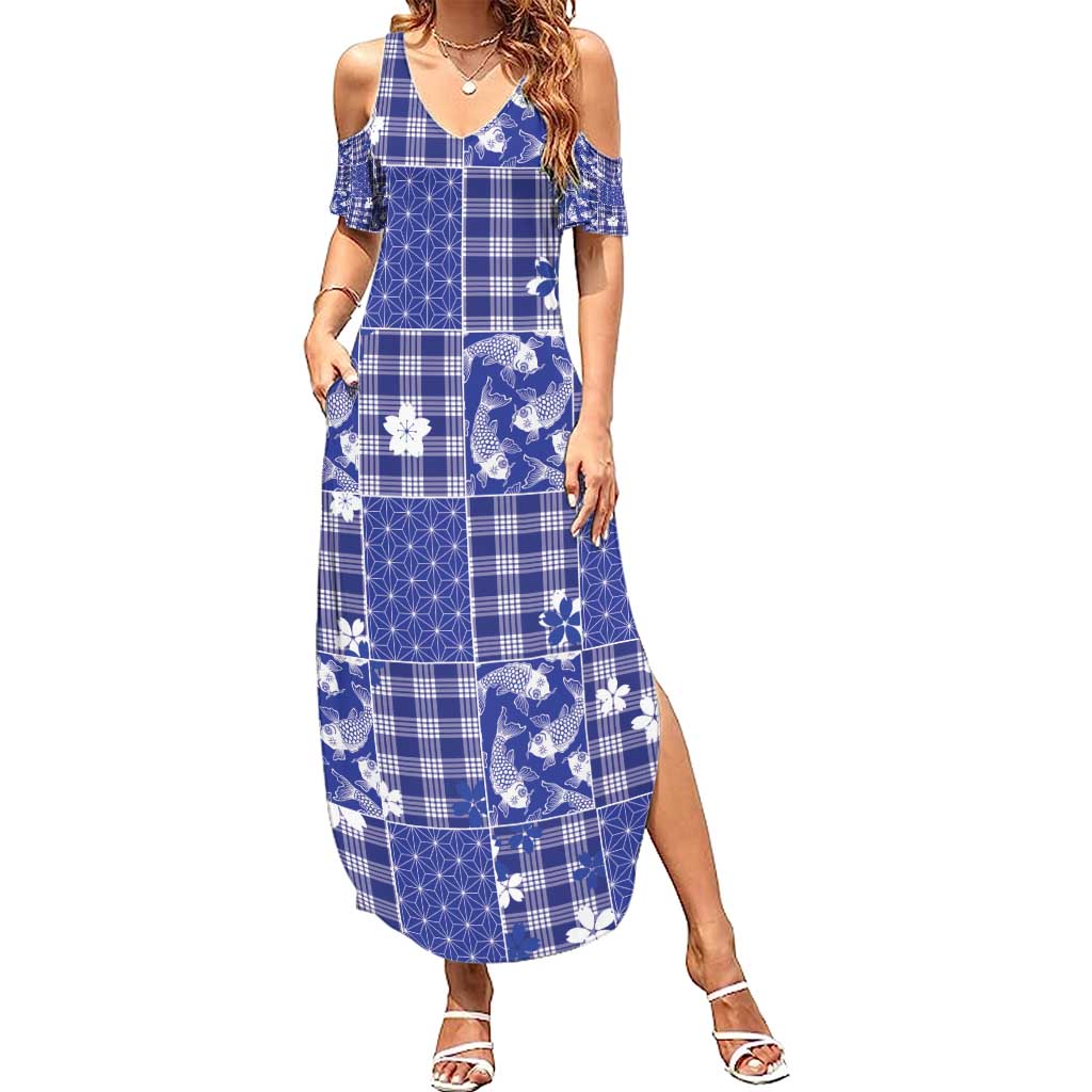 Blue Palaka Japanese Patterns Summer Maxi Dress Koi Fish Asanoha Sakura Patchwork Stylized - Polynesian Pride