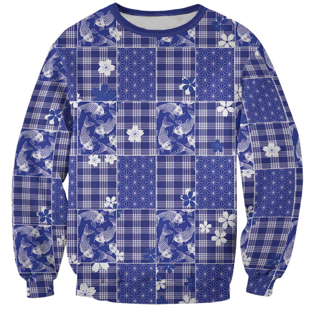 Blue Palaka Japanese Patterns Sweatshirt Koi Fish Asanoha Sakura Patchwork Stylized LT14 Unisex Blue - Polynesian Pride