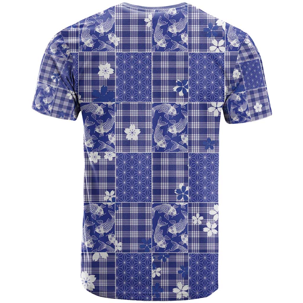 Blue Palaka Japanese Patterns T Shirt Koi Fish Asanoha Sakura Patchwork Stylized - Polynesian Pride