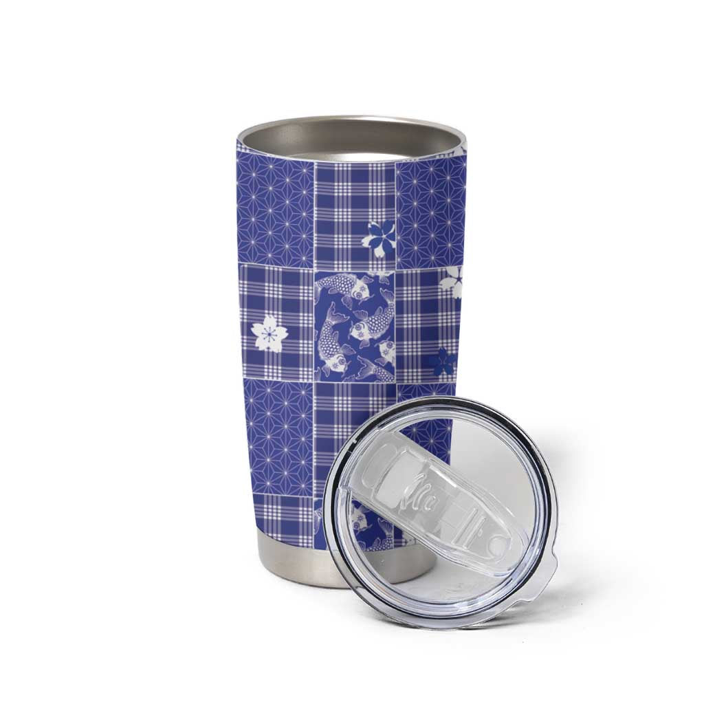 Blue Palaka Japanese Patterns Tumbler Cup Koi Fish Asanoha Sakura Patchwork Stylized - Polynesian Pride