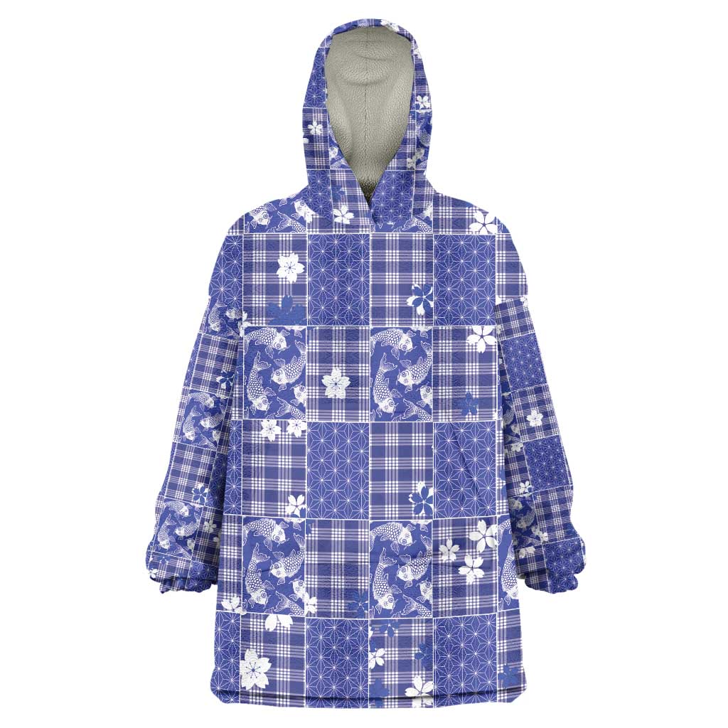 Blue Palaka Japanese Patterns Wearable Blanket Hoodie Koi Fish Asanoha Sakura Patchwork Stylized - Polynesian Pride