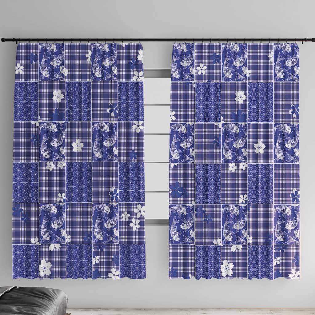 Blue Palaka Japanese Patterns Window Curtain Koi Fish Asanoha Sakura Patchwork Stylized - Polynesian Pride