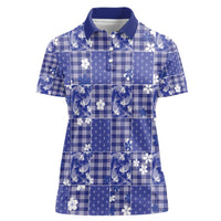 Blue Palaka Japanese Patterns Women Polo Shirt Koi Fish Asanoha Sakura Patchwork Stylized - Polynesian Pride