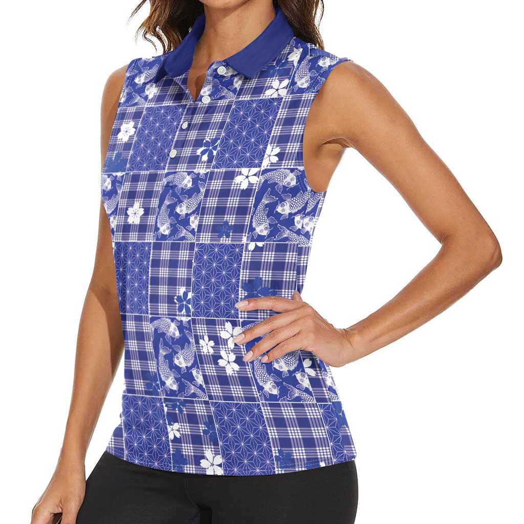 Blue Palaka Japanese Patterns Women Sleeveless Polo Shirt Koi Fish Asanoha Sakura Patchwork Stylized - Polynesian Pride