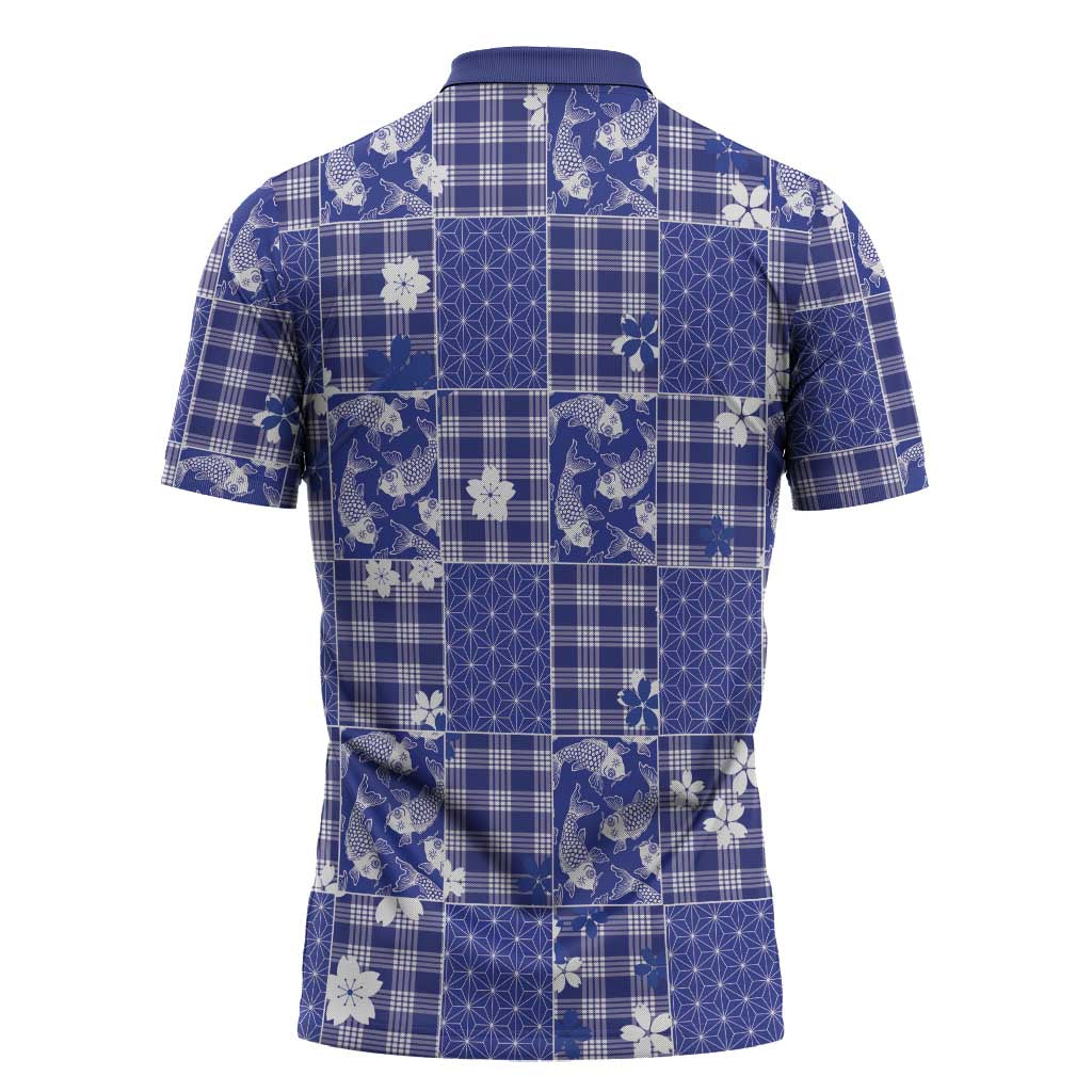 Blue Palaka Japanese Patterns Zipper Polo Shirt Koi Fish Asanoha Sakura Patchwork Stylized - Polynesian Pride
