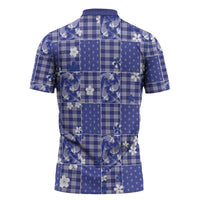 Blue Palaka Japanese Patterns Zipper Polo Shirt Koi Fish Asanoha Sakura Patchwork Stylized - Polynesian Pride