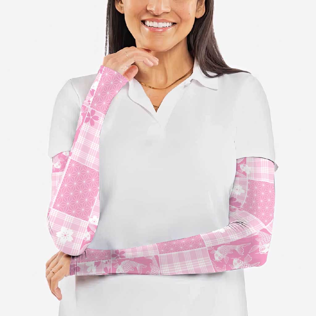 Pink Palaka Japanese Patterns Arm Sleeves Koi Fish Asanoha Sakura Patchwork Stylized - Polynesian Pride
