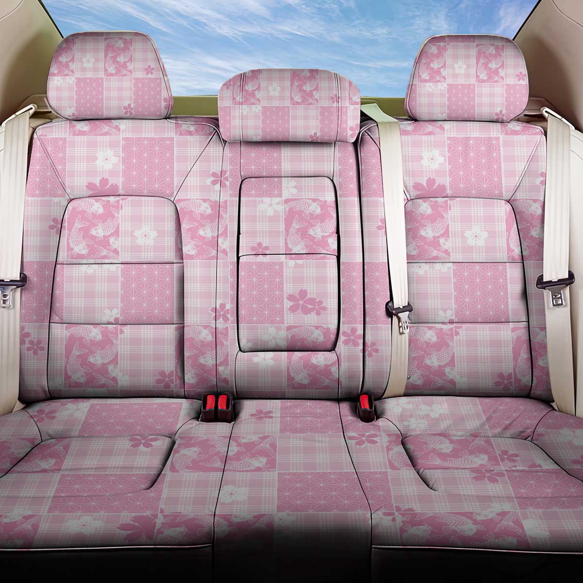 Pink Palaka Japanese Patterns Back Car Seat Cover Koi Fish Asanoha Sakura Patchwork Stylized - Polynesian Pride