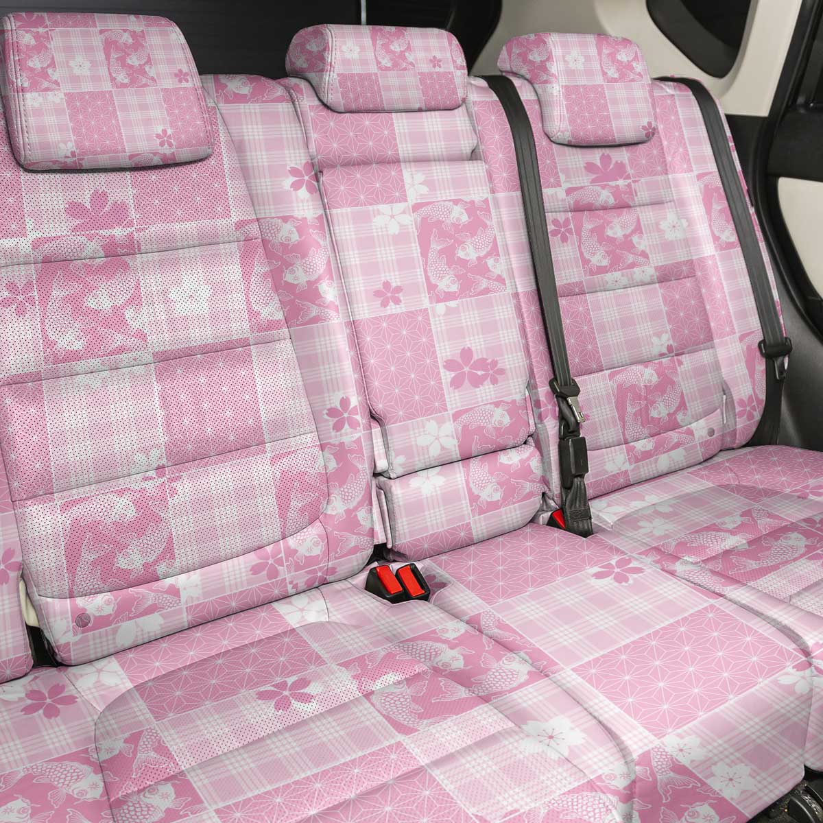 Pink Palaka Japanese Patterns Back Car Seat Cover Koi Fish Asanoha Sakura Patchwork Stylized - Polynesian Pride