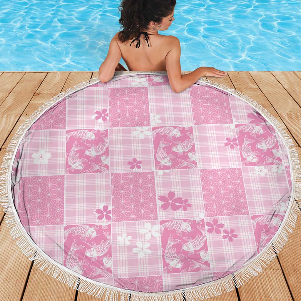 Pink Palaka Japanese Patterns Beach Blanket Koi Fish Asanoha Sakura Patchwork Stylized - Polynesian Pride