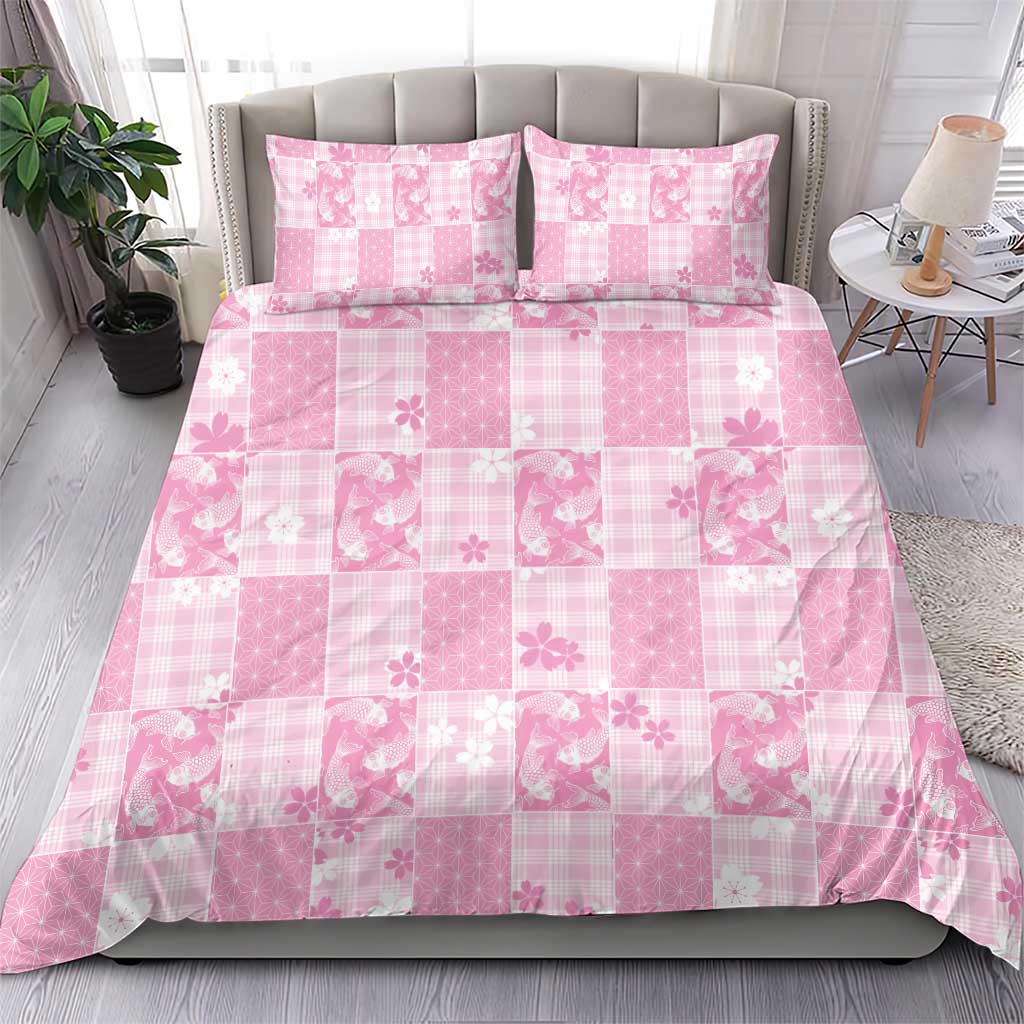 Pink Palaka Japanese Patterns Bedding Set Koi Fish Asanoha Sakura Patchwork Stylized - Polynesian Pride