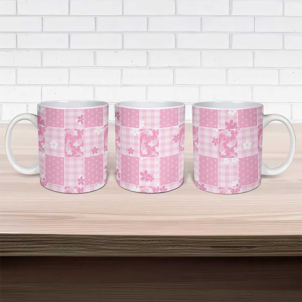 Pink Palaka Japanese Patterns Ceramic Mug Koi Fish Asanoha Sakura Patchwork Stylized - Polynesian Pride