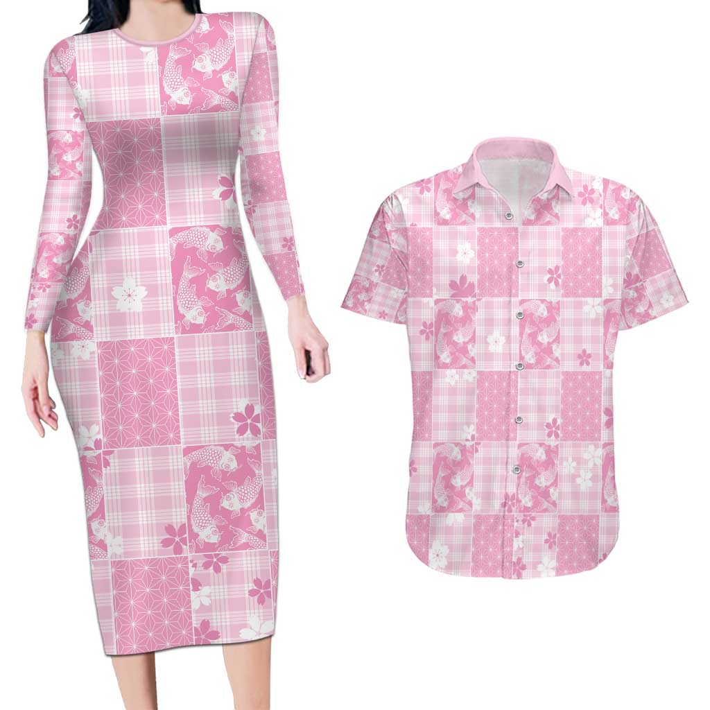 Pink Palaka Japanese Patterns Couples Matching Long Sleeve Bodycon Dress and Hawaiian Shirt Koi Fish Asanoha Sakura Patchwork Stylized LT14 Pink - Polynesian Pride