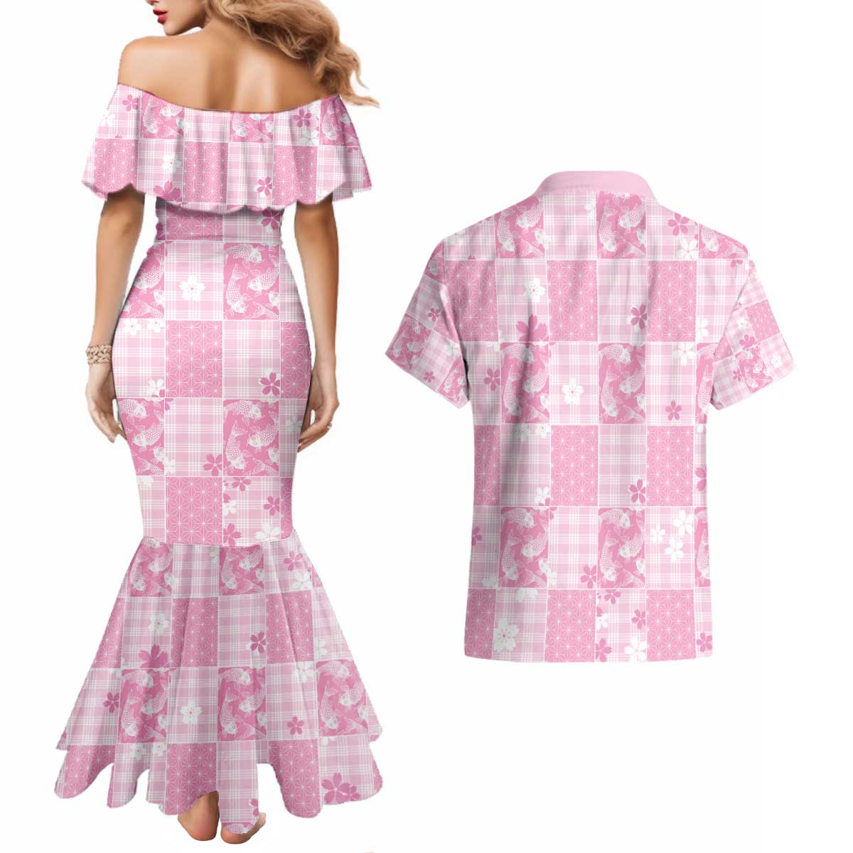 Pink Palaka Japanese Patterns Couples Matching Mermaid Dress and Hawaiian Shirt Koi Fish Asanoha Sakura Patchwork Stylized - Polynesian Pride
