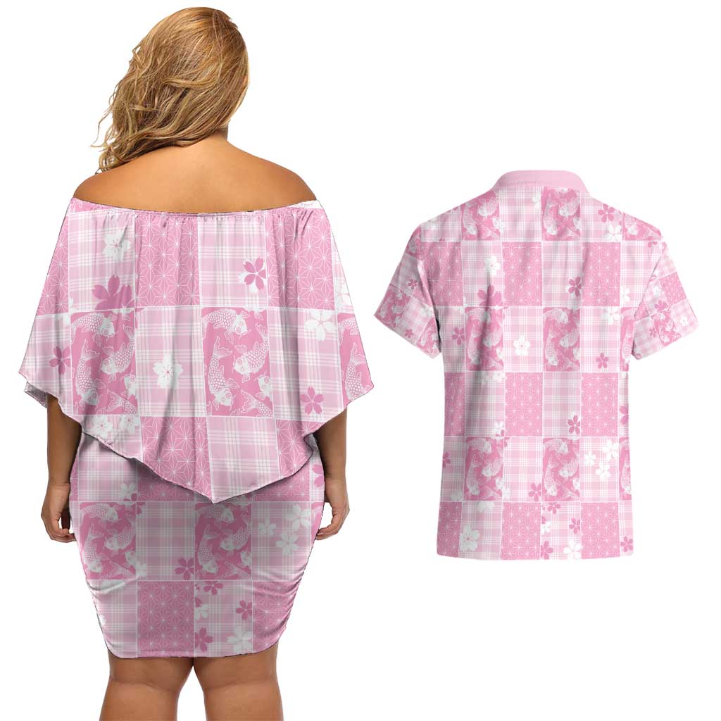 Pink Palaka Japanese Patterns Couples Matching Off Shoulder Short Dress and Hawaiian Shirt Koi Fish Asanoha Sakura Patchwork Stylized LT14 - Polynesian Pride