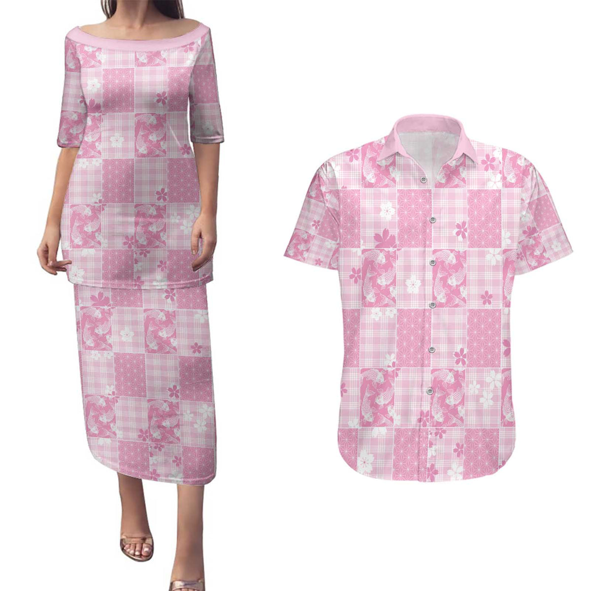Pink Palaka Japanese Patterns Couples Matching Puletasi and Hawaiian Shirt Koi Fish Asanoha Sakura Patchwork Stylized - Polynesian Pride
