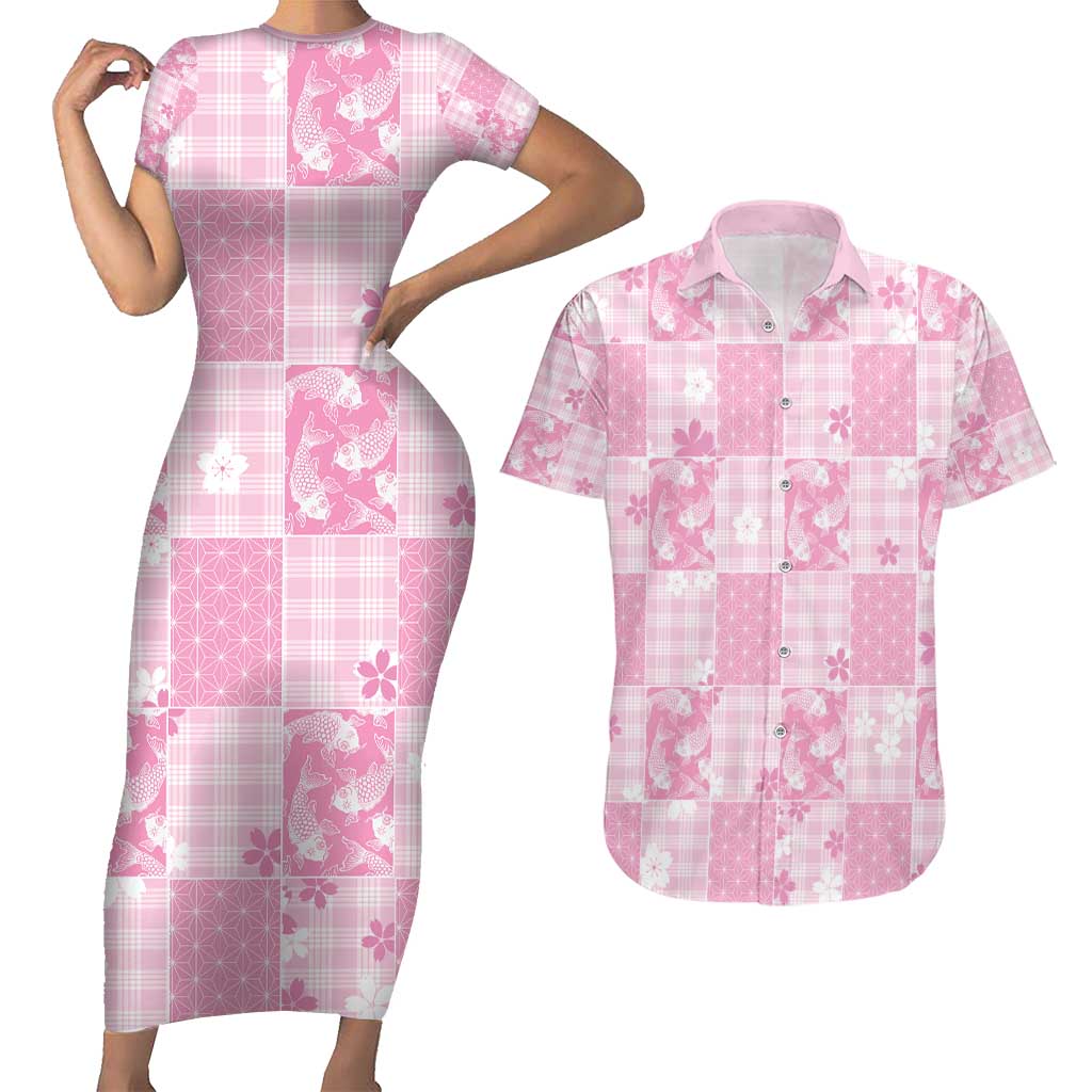 Pink Palaka Japanese Patterns Couples Matching Short Sleeve Bodycon Dress and Hawaiian Shirt Koi Fish Asanoha Sakura Patchwork Stylized LT14 Pink - Polynesian Pride