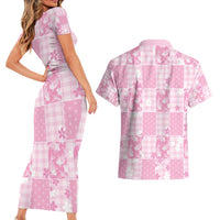 Pink Palaka Japanese Patterns Couples Matching Short Sleeve Bodycon Dress and Hawaiian Shirt Koi Fish Asanoha Sakura Patchwork Stylized LT14 - Polynesian Pride