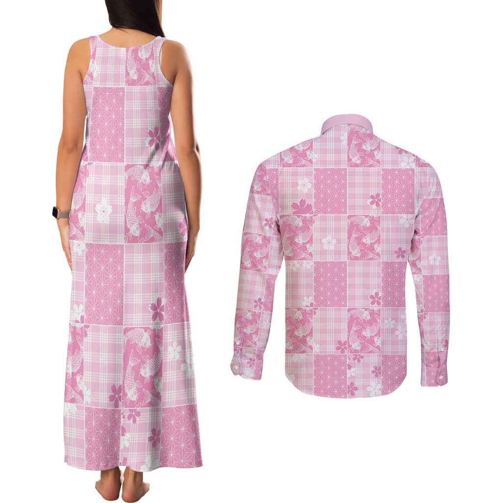 Pink Palaka Japanese Patterns Couples Matching Tank Maxi Dress and Long Sleeve Button Shirt Koi Fish Asanoha Sakura Patchwork Stylized LT14 - Polynesian Pride