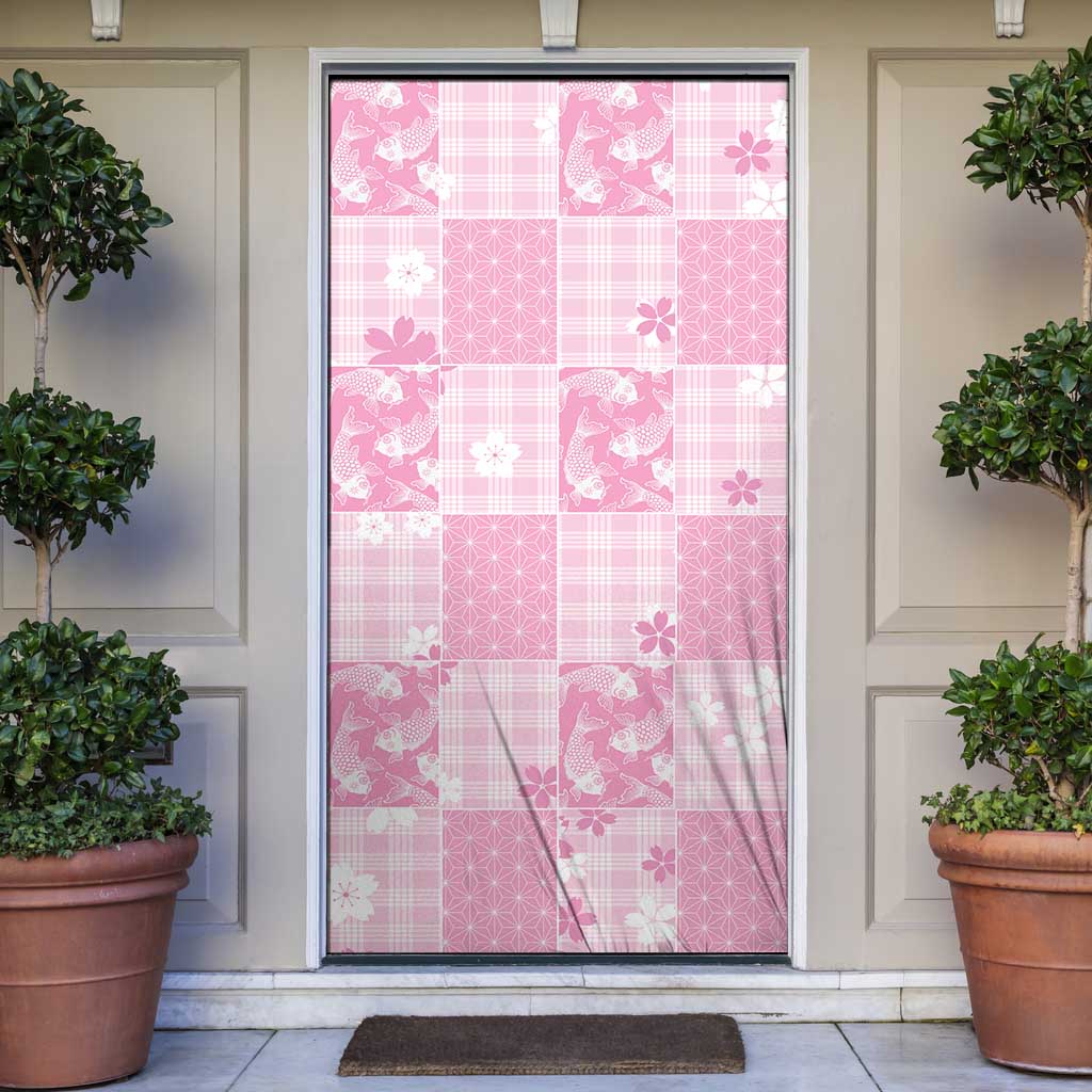 Pink Palaka Japanese Patterns Door Cover Koi Fish Asanoha Sakura Patchwork Stylized - Polynesian Pride