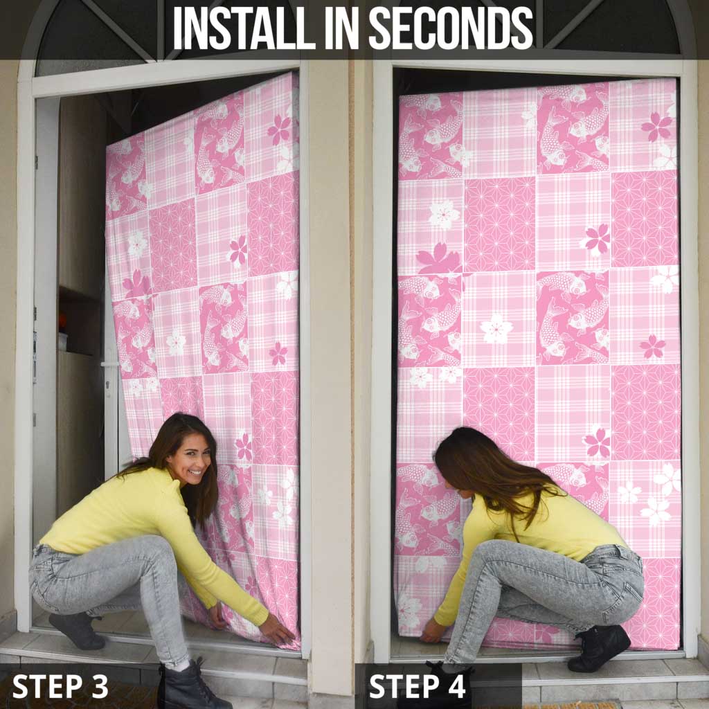 Pink Palaka Japanese Patterns Door Cover Koi Fish Asanoha Sakura Patchwork Stylized - Polynesian Pride