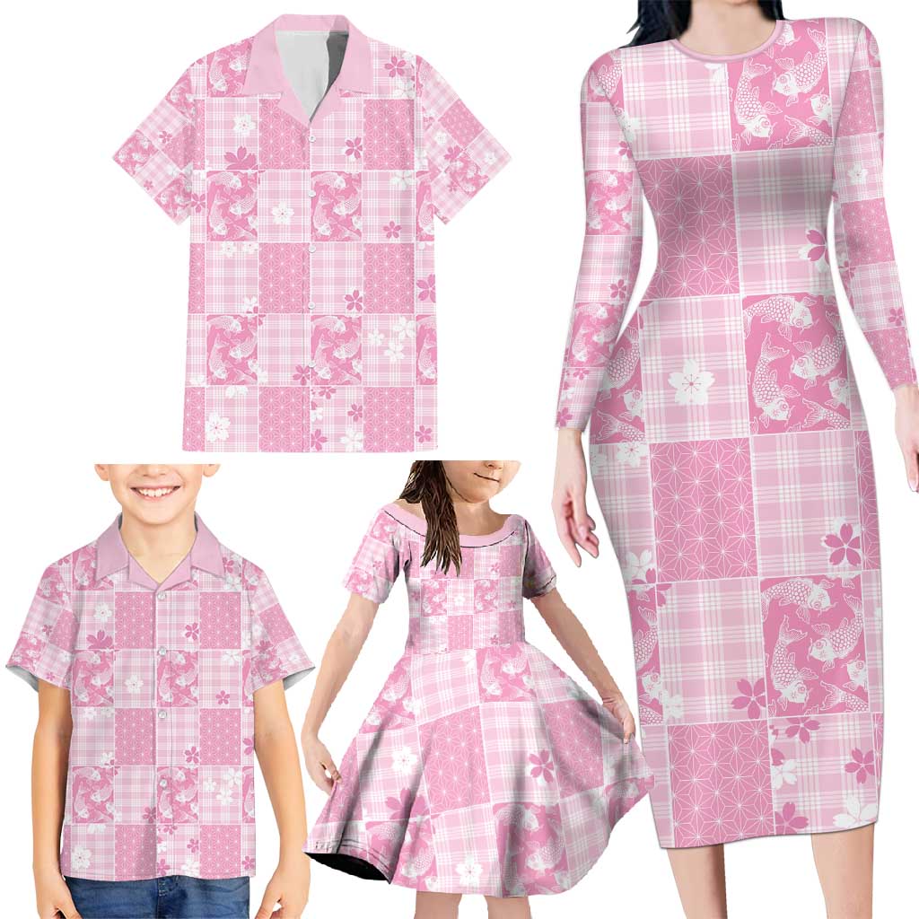 Pink Palaka Japanese Patterns Family Matching Long Sleeve Bodycon Dress and Hawaiian Shirt Koi Fish Asanoha Sakura Patchwork Stylized - Polynesian Pride