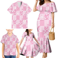 Pink Palaka Japanese Patterns Family Matching Mermaid Dress and Hawaiian Shirt Koi Fish Asanoha Sakura Patchwork Stylized - Polynesian Pride