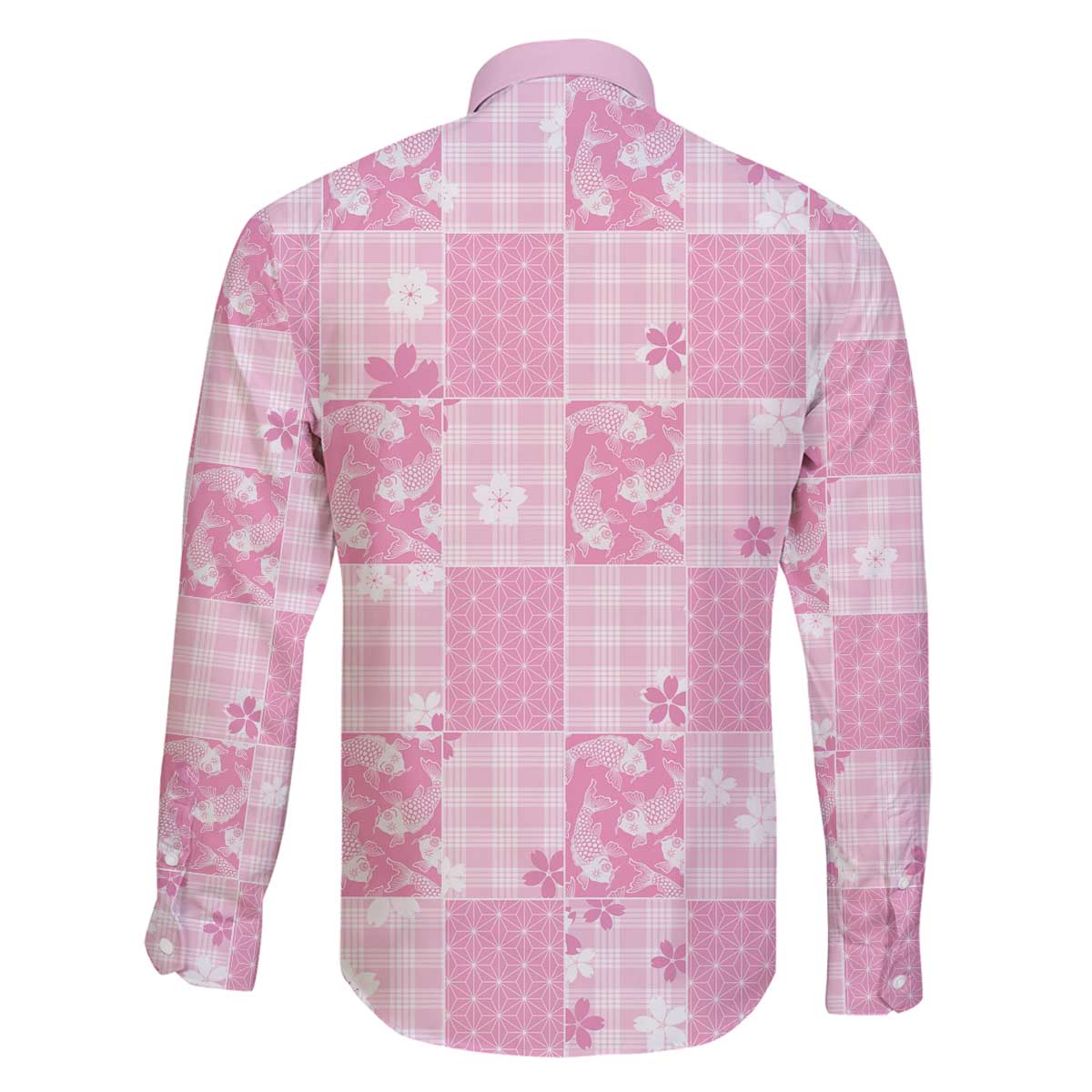 Pink Palaka Japanese Patterns Family Matching Off The Shoulder Long Sleeve Dress and Hawaiian Shirt Koi Fish Asanoha Sakura Patchwork Stylized - Polynesian Pride