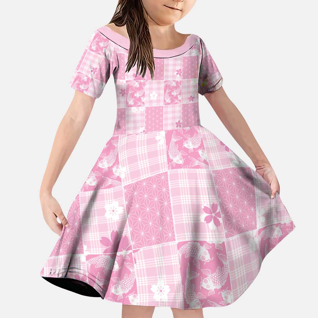 Pink Palaka Japanese Patterns Family Matching Puletasi and Hawaiian Shirt Koi Fish Asanoha Sakura Patchwork Stylized - Polynesian Pride