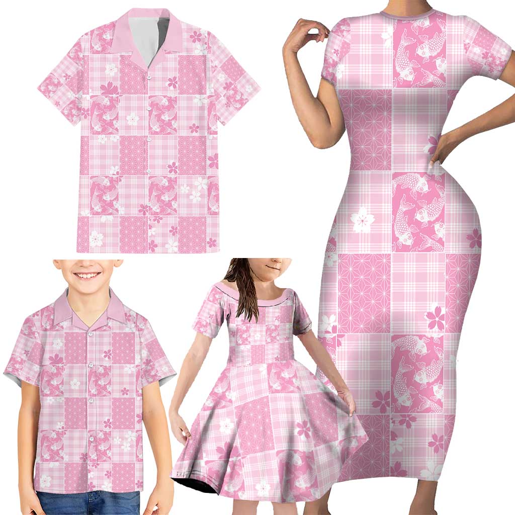 Pink Palaka Japanese Patterns Family Matching Short Sleeve Bodycon Dress and Hawaiian Shirt Koi Fish Asanoha Sakura Patchwork Stylized - Polynesian Pride