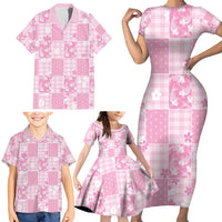 Pink Palaka Japanese Patterns Family Matching Short Sleeve Bodycon Dress and Hawaiian Shirt Koi Fish Asanoha Sakura Patchwork Stylized - Polynesian Pride