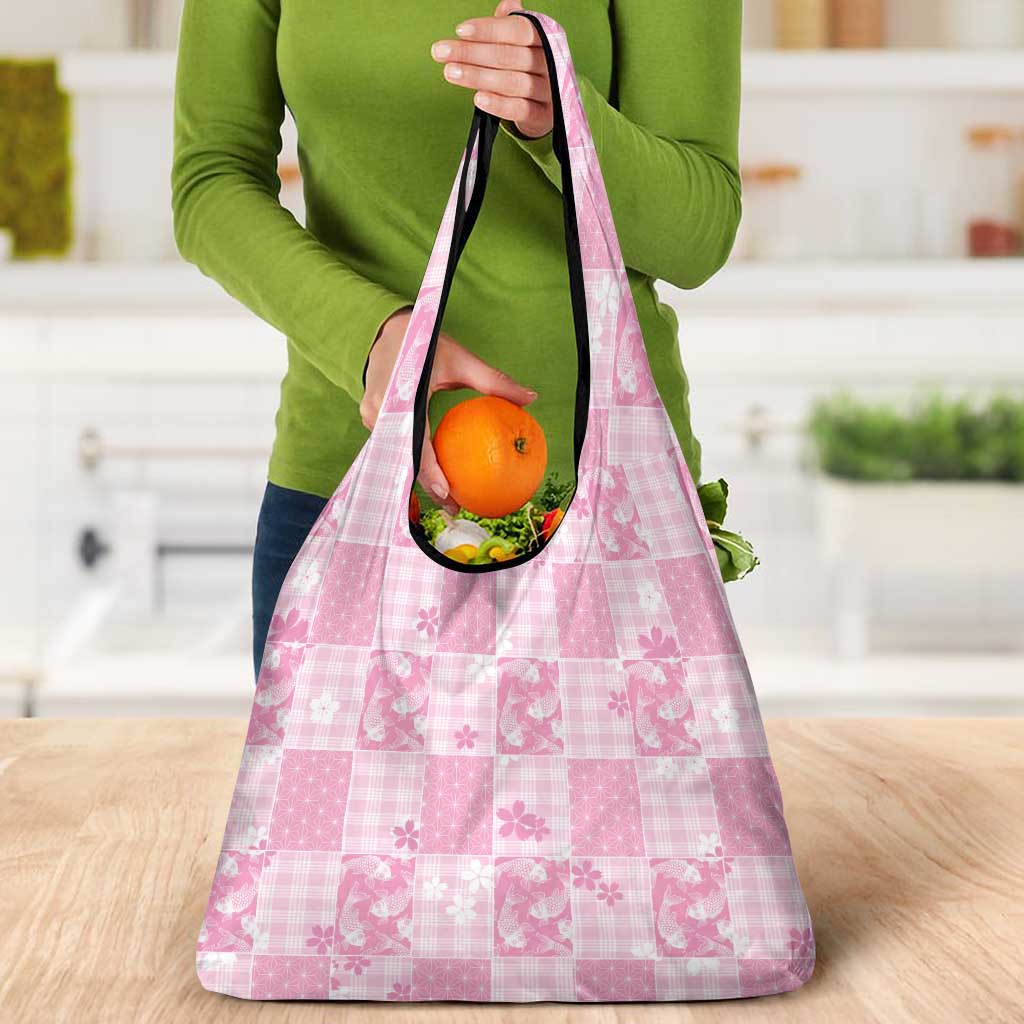 Pink Palaka Japanese Patterns Grocery Bag Koi Fish Asanoha Sakura Patchwork Stylized - Polynesian Pride