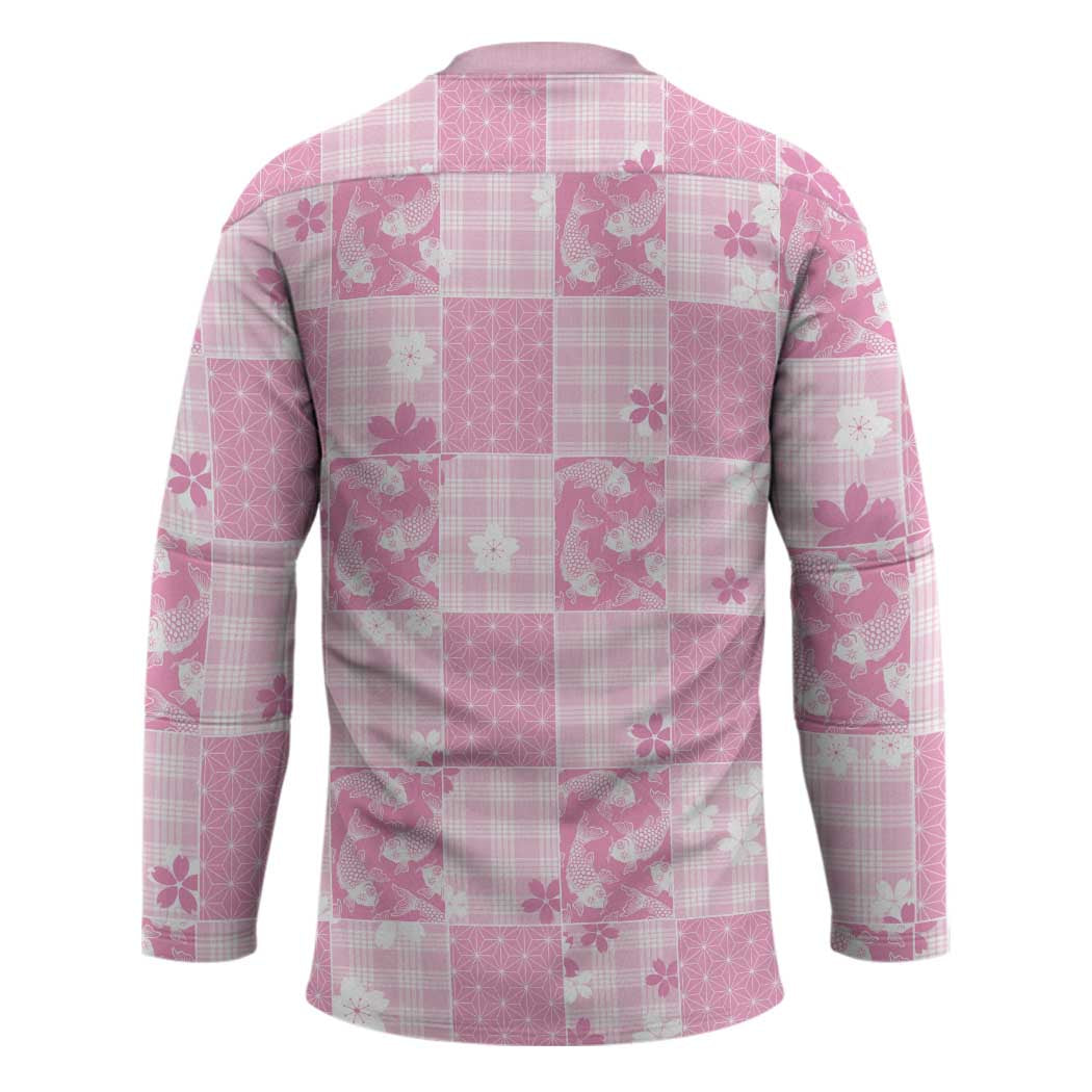 Pink Palaka Japanese Patterns Hockey Jersey Koi Fish Asanoha Sakura Patchwork Stylized - Polynesian Pride