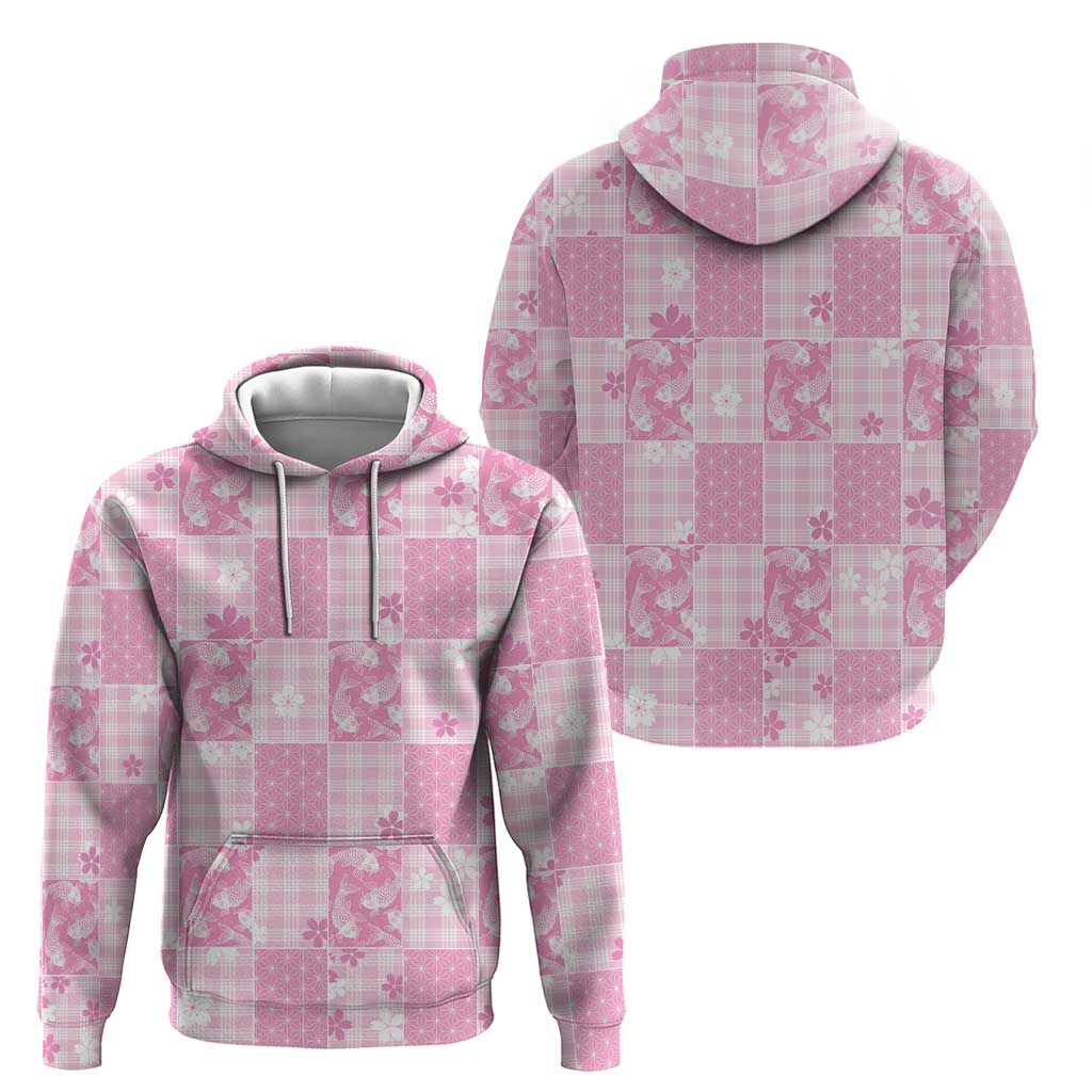 Pink Palaka Japanese Patterns Hoodie Koi Fish Asanoha Sakura Patchwork Stylized - Polynesian Pride