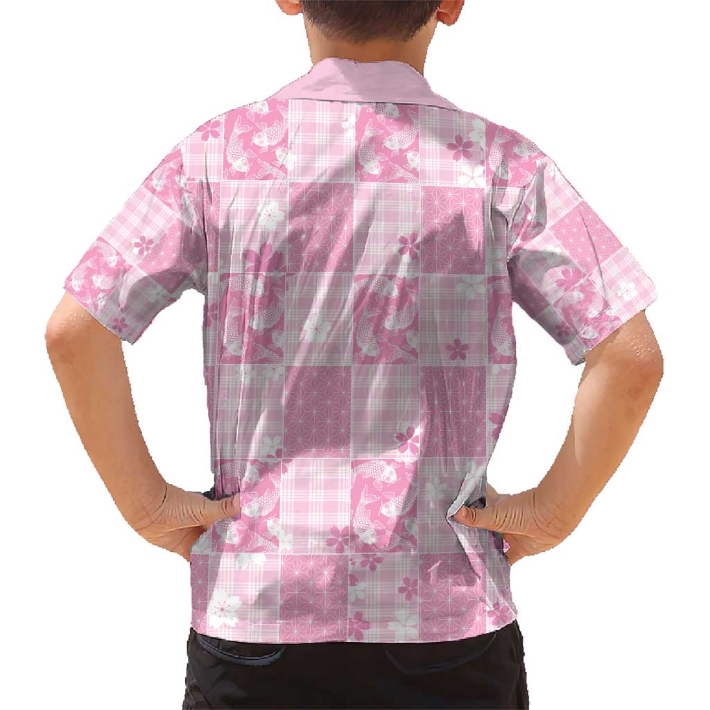 Pink Palaka Japanese Patterns Kid Hawaiian Shirt Koi Fish Asanoha Sakura Patchwork Stylized - Polynesian Pride